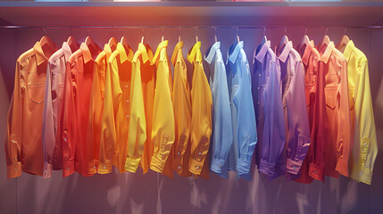 Row of vibrant shirts in magenta, electric blue and more on display