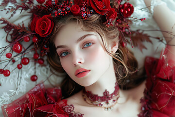 Ruby Crown: Enchanting Woman with Red Florals