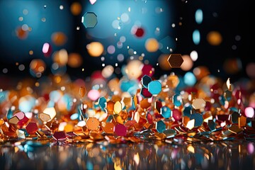 background adorned with a colorful shower of confetti. Vibrant hues dance in the air, creating a festive atmosphere. The confetti, a kaleidoscope of joy,  - obrazy, fototapety, plakaty