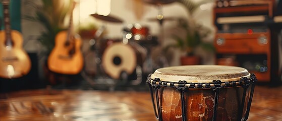Closeup of a pandeiro a Brazilian tambourine against a blurred background with musical instruments. Concept Music, Instruments, Brazilian Culture, Pandeiro, Closeup Shot - obrazy, fototapety, plakaty