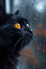 Elegant Mystery: Black Cat in Shadow and Light, Gazing through a window when its raining