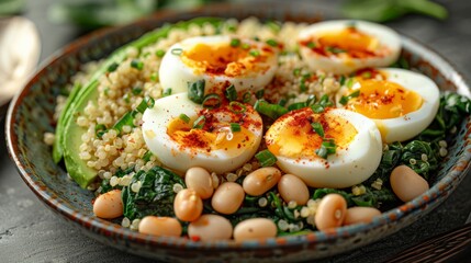   A bowl of food with eggs on top of rice, beans, and spinach leaves