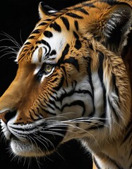 head profile closeup of bengal tiger isolated on black background with copyspace area
