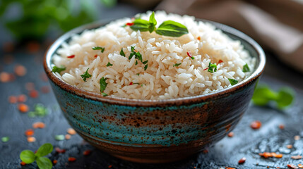 Aromatic bowl of rice with fragrant parise leaves and crunchy parise seeds, healthy homemade meal - obrazy, fototapety, plakaty