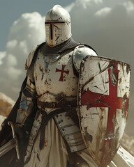 Valiant Templar Crusader: Knight with Bloodied Shield, ready for battle, red and white full armour