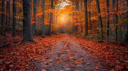 Tranquil autumn trail  vibrant foliage, sunlight through trees, crisp details, high dynamic range