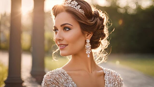 elegant woman with medium skin tone exudes royalty, adorned with a crystal-embellished tiara on her voluminous, curly updo hairstyle.