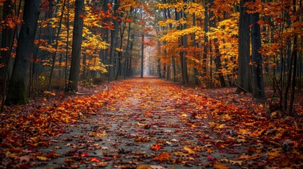 Tranquil autumn trail  vibrant foliage, sunlit path in high definition forest scene - Powered by Adobe
