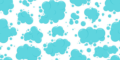 Cartoon blue cloud sky or foam bubble water seamless pattern, soap ball background, bath shampoo suds print. Wash, laundry, clean underwater set. Soda, carbonated fun texture. Vector illustration
