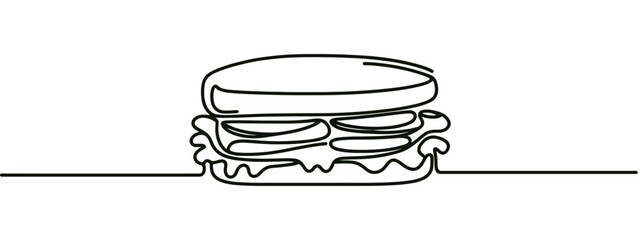 One single line drawing of fresh sandwich logo vector graphic art illustration. Hot dog fast food cafe menu and restaurant badge concept. Modern continuous line draw design street food logotype.