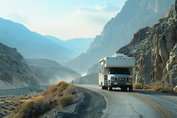 Obraz premium Scenic RV motorhome roadtrip Adventure in Majestic Mountain Landscape