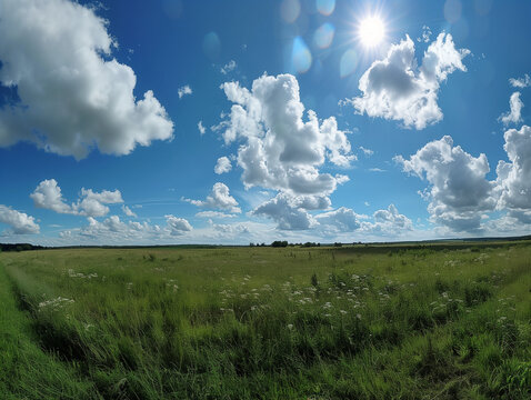 Sure, here is a description for the image: Blue sky with puffy white clouds stretches over a green grassy field  landscape