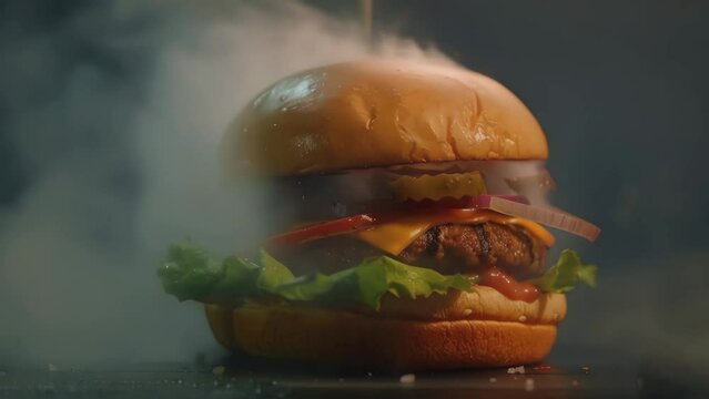 smoke billowing out of a freshly cooked smash burger
