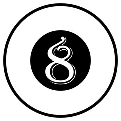 Transparent monochrome PNG image of the number eight within a white circle with a black outline