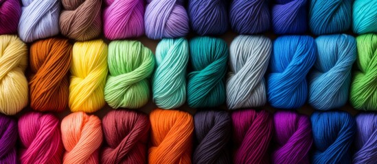 Colorful selection of yarns arranged in a close-up view, displaying a beautiful rainbow assortment - obrazy, fototapety, plakaty