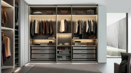 Image of a modern walk-in closet with open shelving, recessed lighting and drawers creating storage space and easy access to clothes and accessories --no text, titles, hand, shoes --ar 16:9 --quality