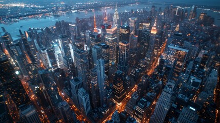 Hyperrealistic manhattan night cityscape with twinkling lights in high angle view