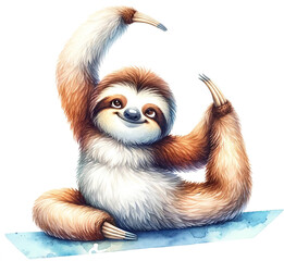 Fototapeta premium Sloth Practicing Yoga Stretch Watercolor Clipart Isolated 