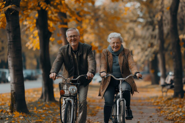 Senior couple enjoying a bike ride in an autumn park.