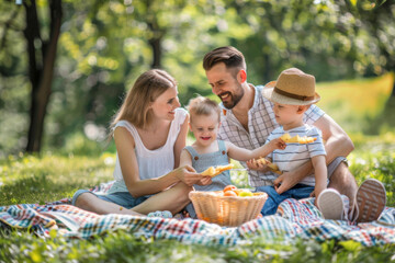 Happy family enjoying a picnic in the park with young children.