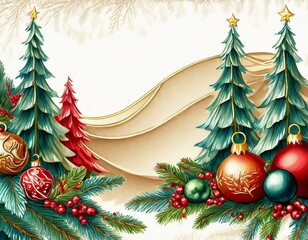 Elegant christmas-themed illustration with trees, ornaments, and ribbon