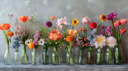   Shelf with glass vases full of diverse flowers against a wall backdrop