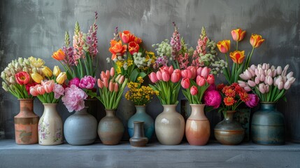   A table with numerous vases full of flowers against a gray wall backdrop