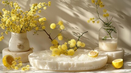   A vase with yellow flowers adjacent to an ice bowl and another vase with yellow flowers nearby