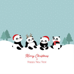 Merry Christmas & Happy New Year Card Panda Vector Illustration