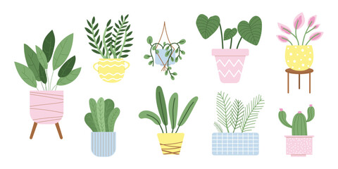 Set of indoor flowers. House plants in pots. Potted plants for home. Vector illustration with white isolated background.