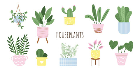 Fototapeta na wymiar Houseplants set. Potted cactus, succulents, urban jungle plant interior decorations vector set. Vector illustration with white isolated background.