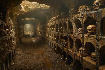 Ancient Catacombs Lined With Skulls and Bones in a Dimly Lit Underground Passage
