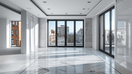 Fototapeta premium interior of a new empty apartment with panoramic windows and city view