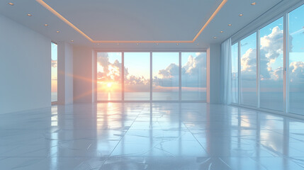 Fototapeta premium dream home concept, empty modern room with sea and dawn outside panoramic windows