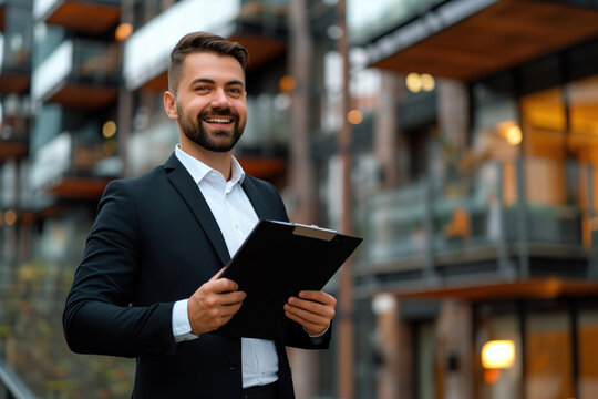 Portrait of a smiling businessman holding clipboard against the backdrop of a modern residential building