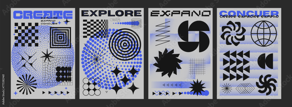 Poster set of cool futuristic trendy brutalist posters. collection of abstract geometric pattern shapes.