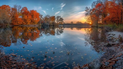 Serene autumnal lake landscape  vibrant colors, detailed textures, golden hour reflections