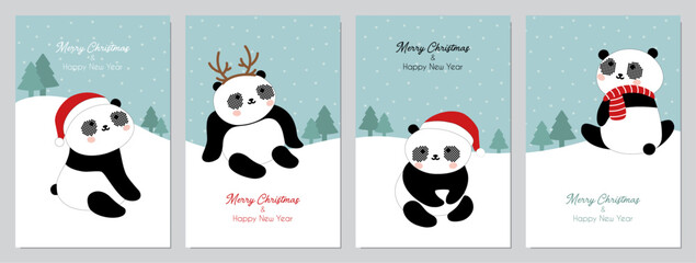 Merry Christmas & Happy New Year Card Panda Vector Illustration
