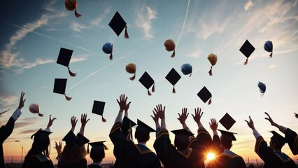 Graduates with raised hands celebrate at sunset. Caps fly in the sky marking a joyous commencement.