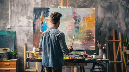 Obraz premium Contemporary artist in studio focusing on a colorful abstract painting