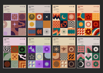 Cool Swiss Design Posters Collection. Set Of Print Patterns Vector Design. Abstract Geometric Placards. Brutalist Shapes.