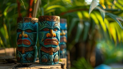 Tiki Mask Cups Tropical Drinks - obrazy, fototapety, plakaty