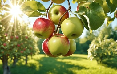 Ripe apples on apple tree branch in orchard, closeup