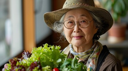Elderly Woman with Salad - Healthy Lifestyle - obrazy, fototapety, plakaty
