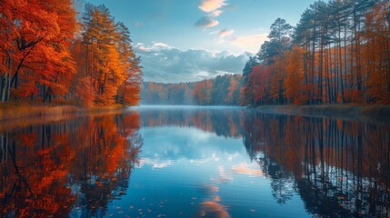 Serene lake with autumnal trees, vibrant colors, detailed textures in golden hour landscape