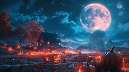 Harvest moon rising over a pumpkin patch