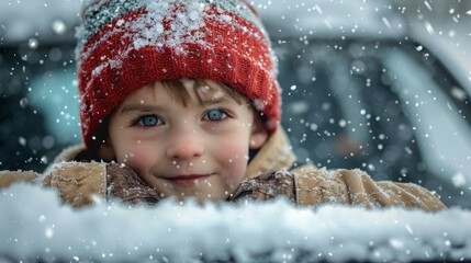 Boy Playing with Snow Car Window