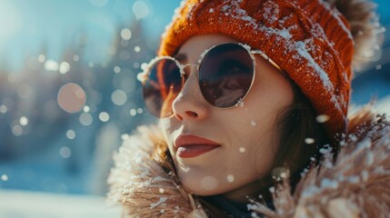 Young Woman in Ski Resort Winter Vacation Vibe - obrazy, fototapety, plakaty
