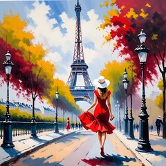 Rear view of woman traveller wearing red dress walking in Paris. Illustration