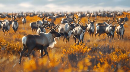 Herds of caribou migrating across the tundra - obrazy, fototapety, plakaty